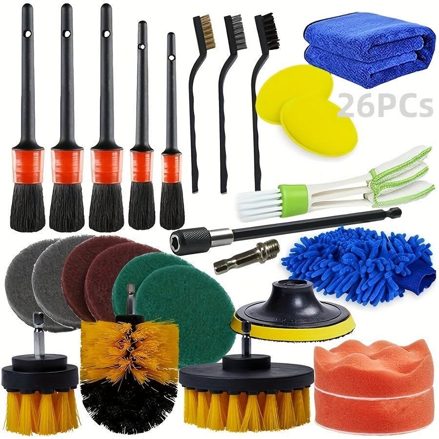 26Pcs Car Detailing Brush Set, Car Detailing Kit, Car Drill Brush/Wheel Brushes/Air Vent Brush/Buffing SponPads Kit/Washing Mitt/Cleaning Cloth
