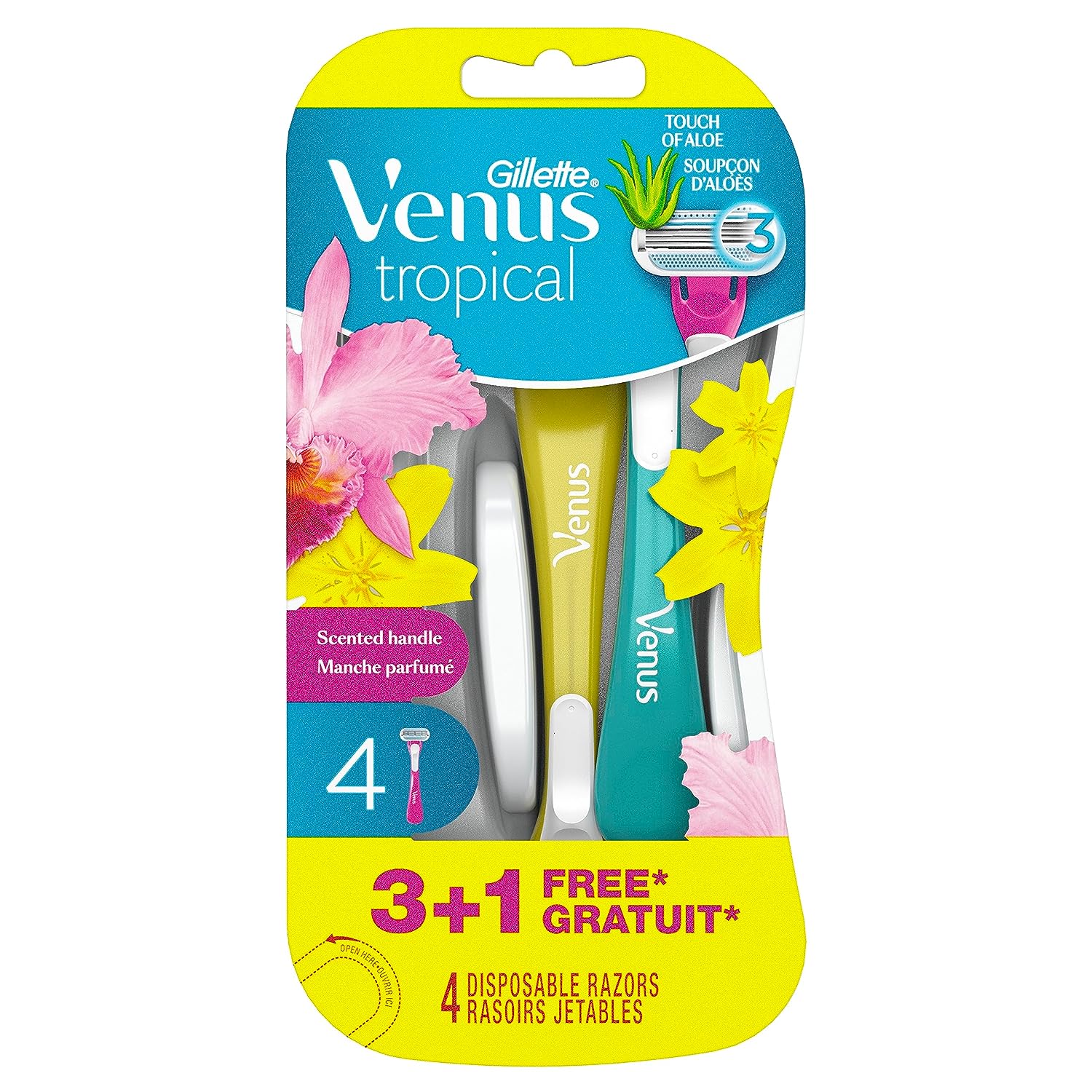 Gillette Venus Tropical Disposable Razors for Women, 3 Count, Designed for a Smooth Shave, Tropical Fragrance Scented Handles