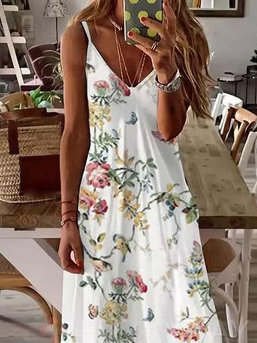 V-neck Floral Print Loose Sleeveless Maxi Dress
