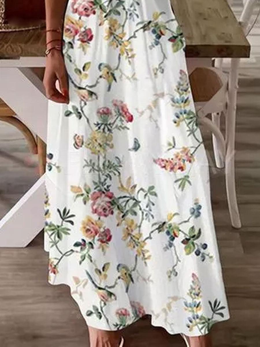 V-neck Floral Print Loose Sleeveless Maxi Dress