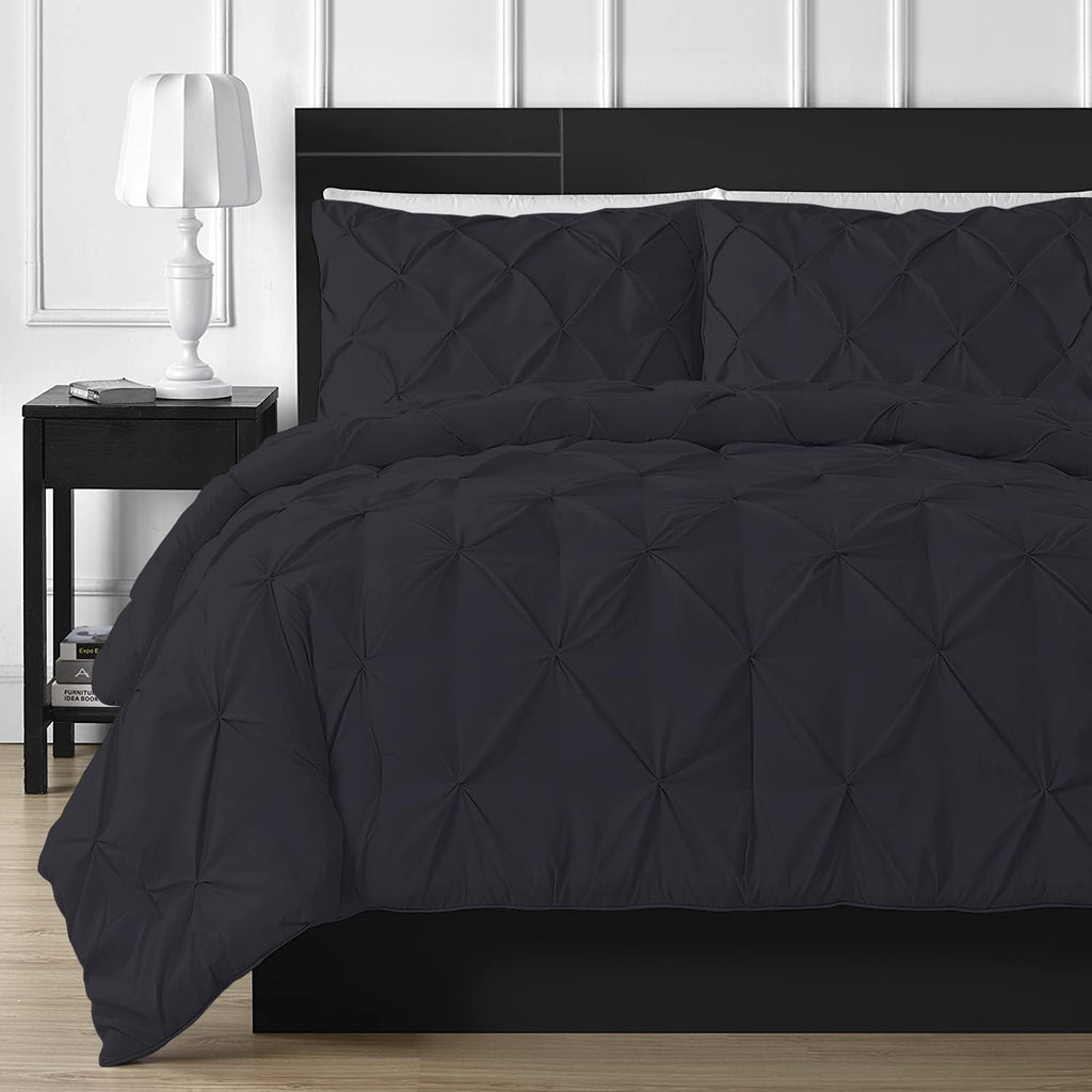 Pinch Pleated Duvet Cover 1 Piece Egyptian Cotton 800 Thread Count Box Pintuck with Zipper Closure &amp; Corner Ties Duvet Cover, Super King (116" x 98") Black Solid