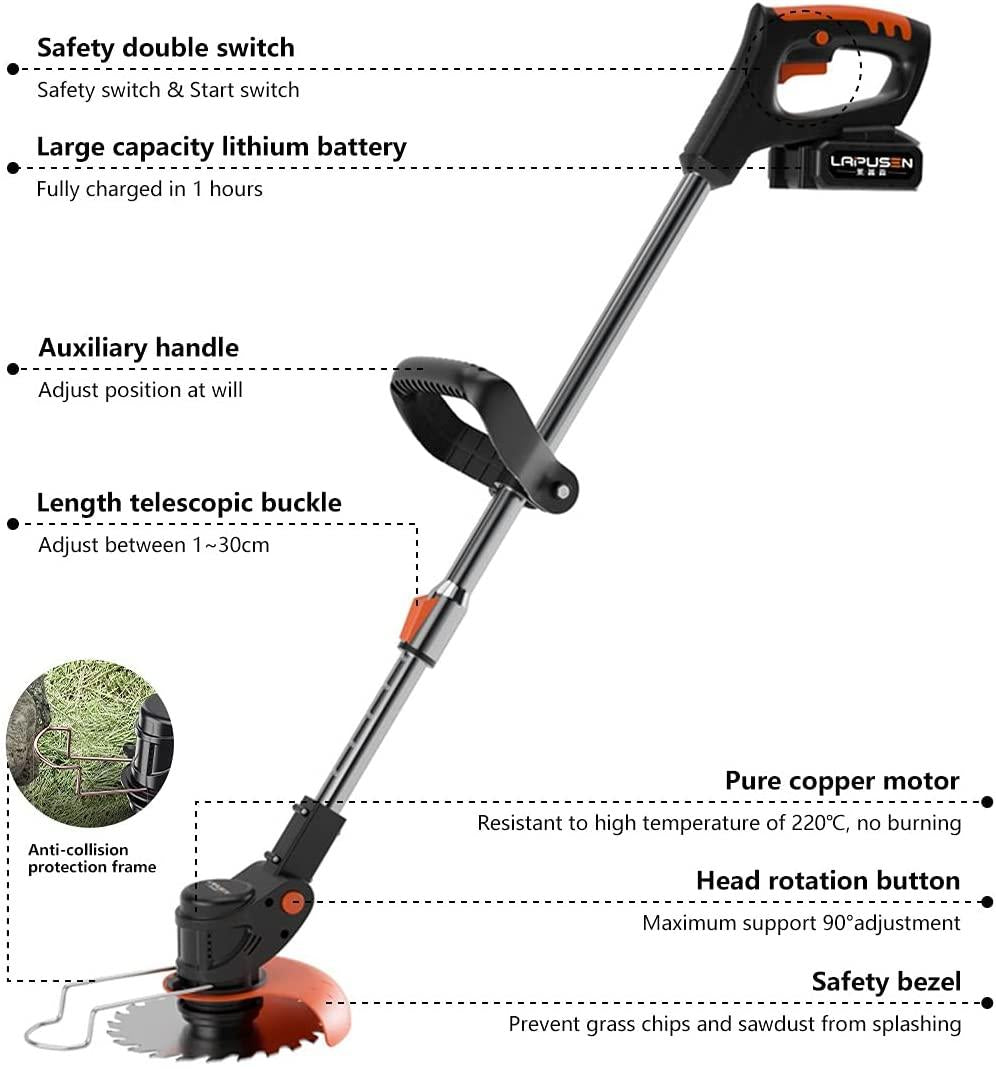 Battery-Powered Lawn Trimmer with Battery, Electric Lawn Mower, Light Battery-Powered Lawn Mower, Telescopic Handle with 21 V Lithium Battery and Charger, Electric Telescopic Handle with Mowing