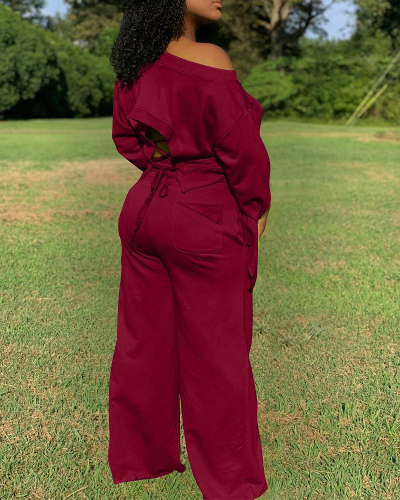 Lace-Up Back Long Sleeve Top &amp; Drawstring Wide Leg Pants Set
