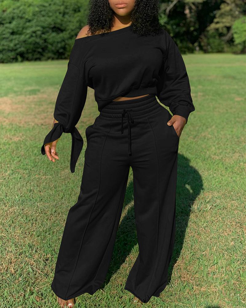 Lace-Up Back Long Sleeve Top &amp; Drawstring Wide Leg Pants Set