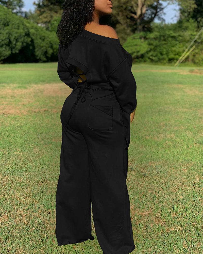 Lace-Up Back Long Sleeve Top &amp; Drawstring Wide Leg Pants Set