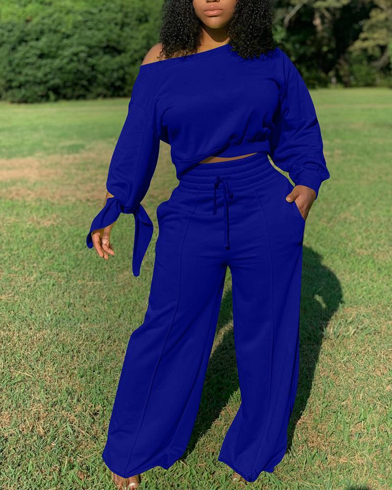 Lace-Up Back Long Sleeve Top &amp; Drawstring Wide Leg Pants Set