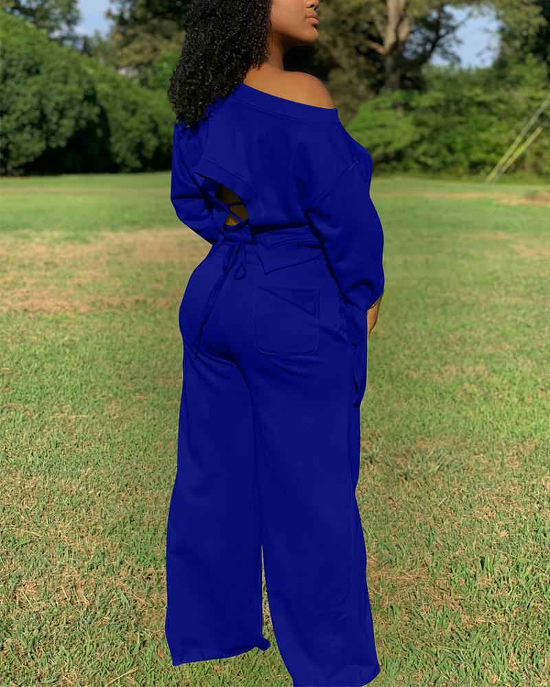 Lace-Up Back Long Sleeve Top &amp; Drawstring Wide Leg Pants Set