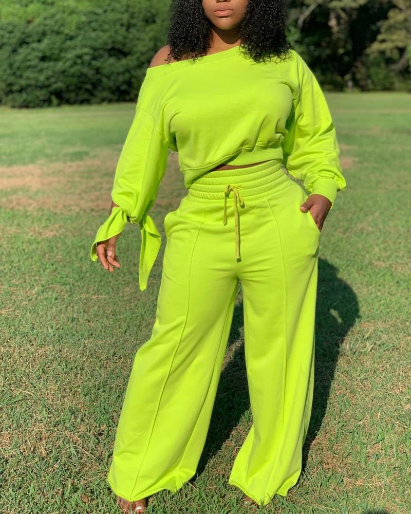 Lace-Up Back Long Sleeve Top &amp; Drawstring Wide Leg Pants Set