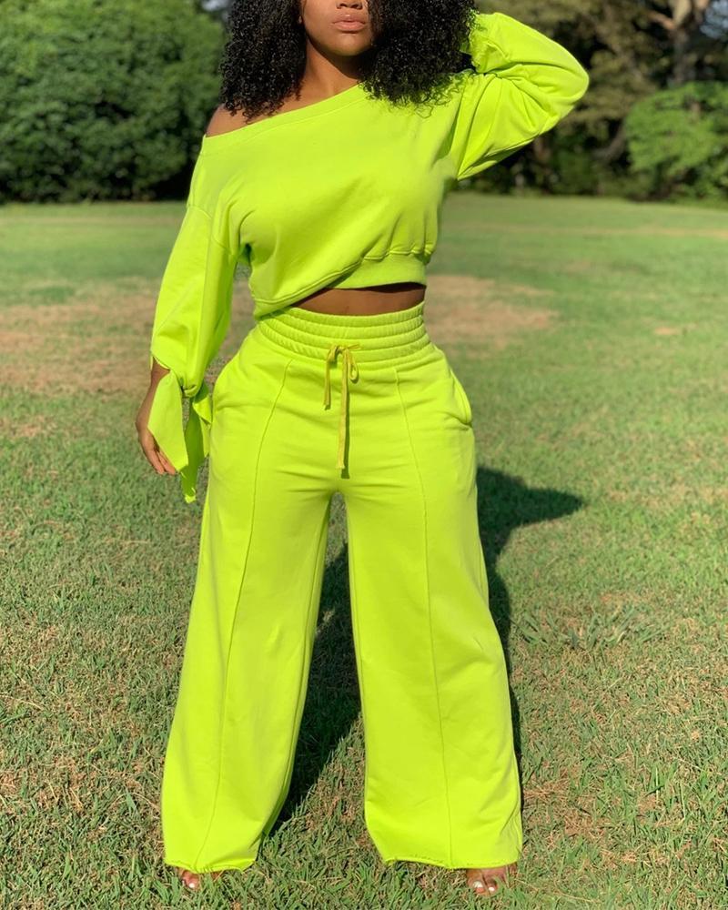 Lace-Up Back Long Sleeve Top &amp; Drawstring Wide Leg Pants Set