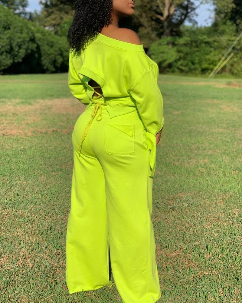Lace-Up Back Long Sleeve Top &amp; Drawstring Wide Leg Pants Set