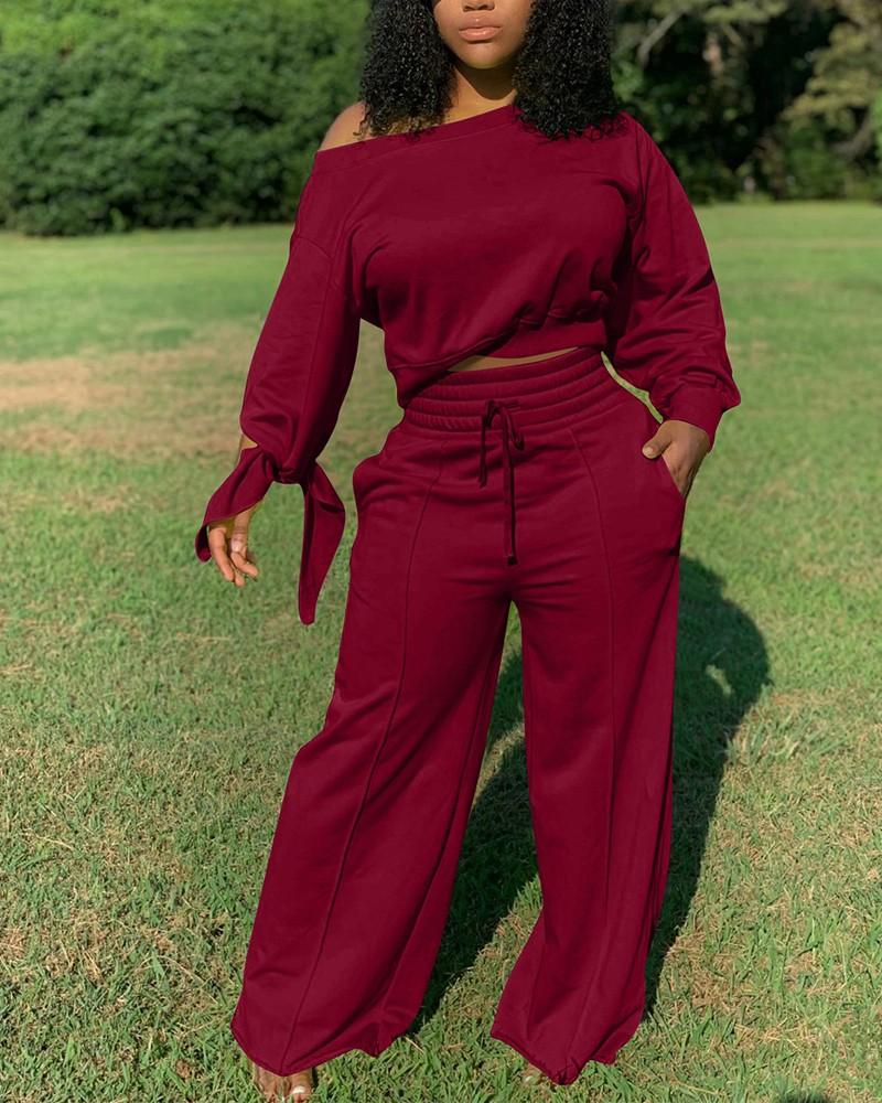 Lace-Up Back Long Sleeve Top &amp; Drawstring Wide Leg Pants Set
