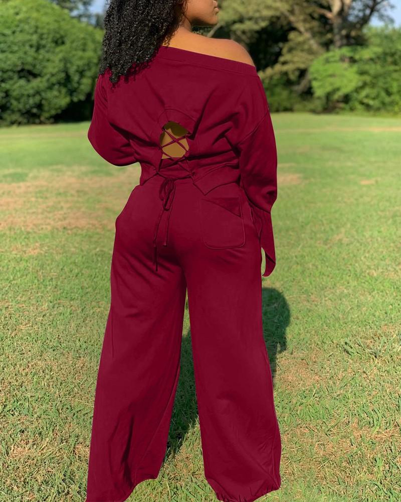 Lace-Up Back Long Sleeve Top &amp; Drawstring Wide Leg Pants Set