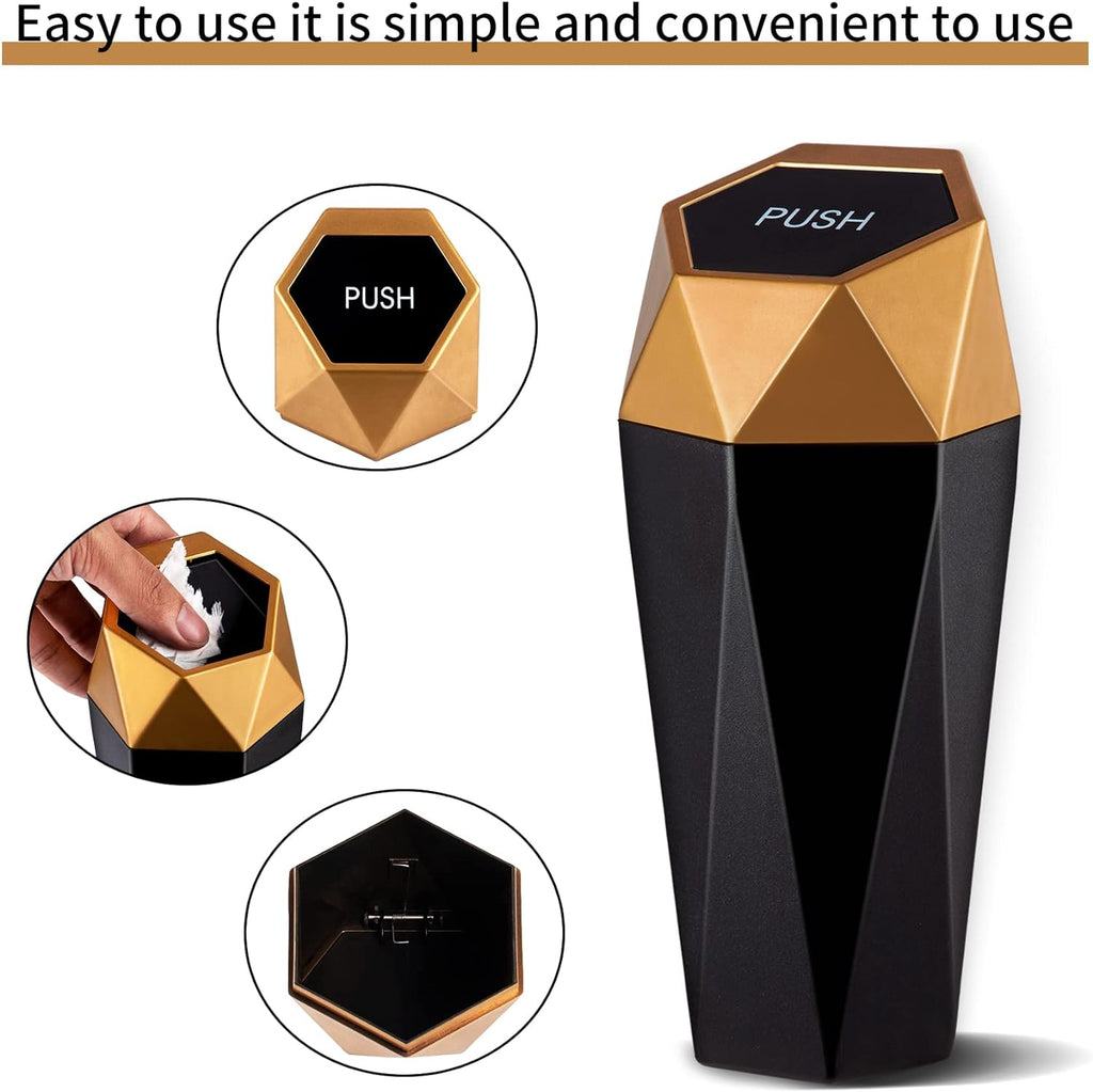 JUSTTOP Car Trash Can with Lid, Diamond  Small Automatic Portable Trash Can, Easy to Clean, Used in Car Home Office (Gold)