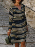 Casual Art Print V-neck Long Sleeve Midi Dress Women