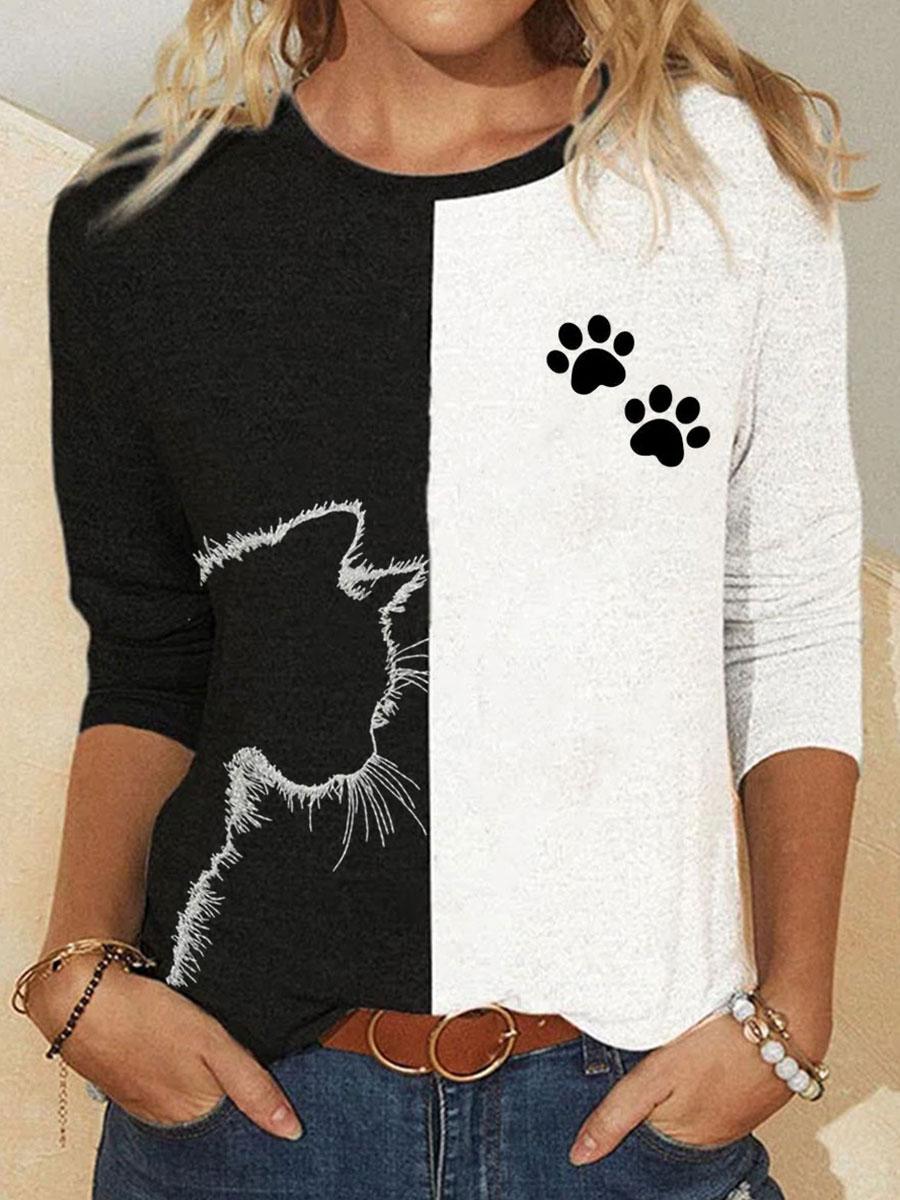 Colorblock Cat Print Round Neck Long Sleeve Casual T-shirt