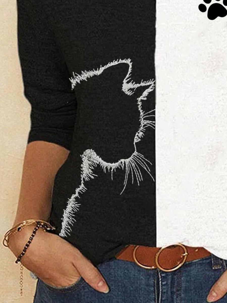 Colorblock Cat Print Round Neck Long Sleeve Casual T-shirt