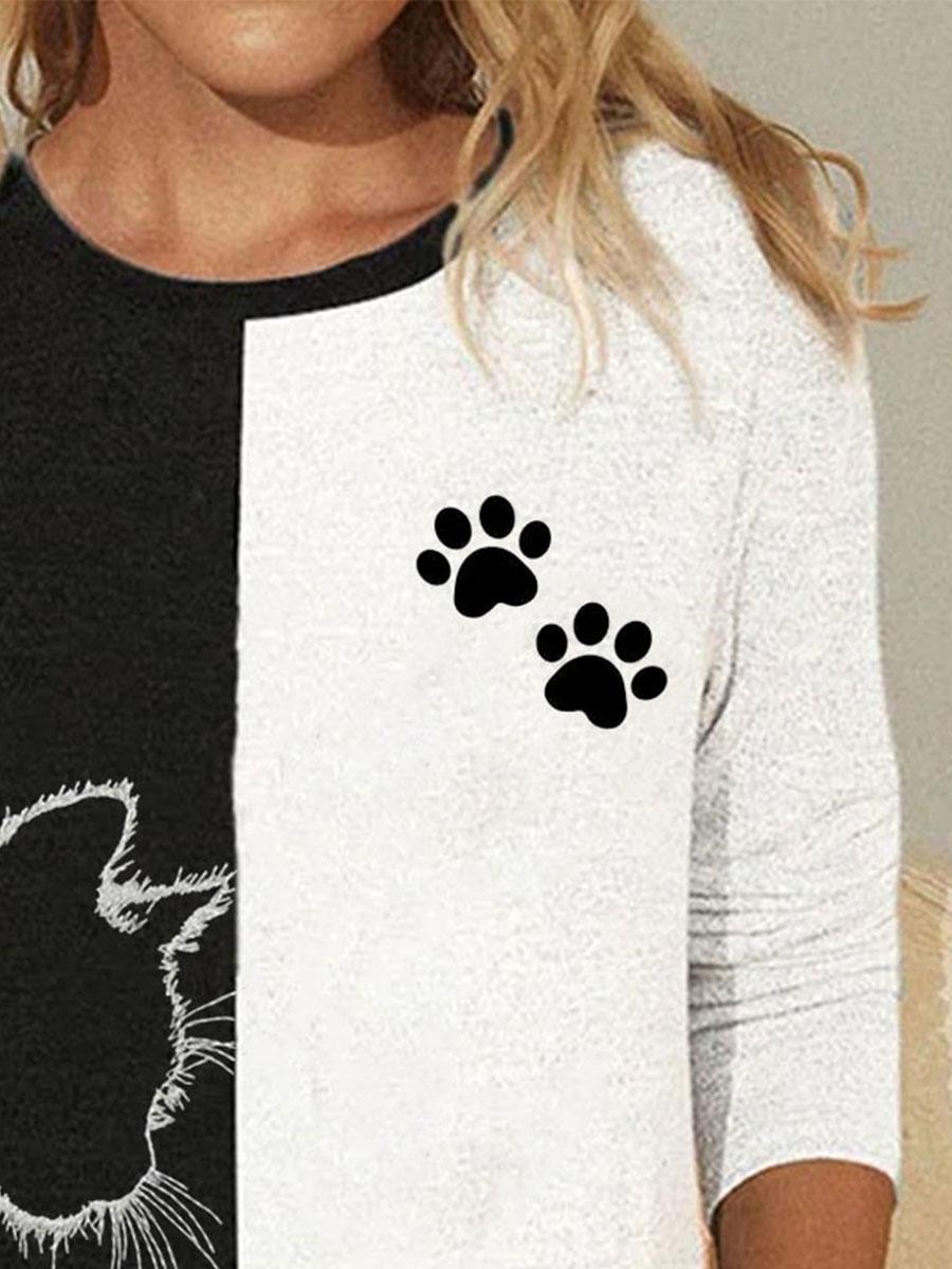 Colorblock Cat Print Round Neck Long Sleeve Casual T-shirt