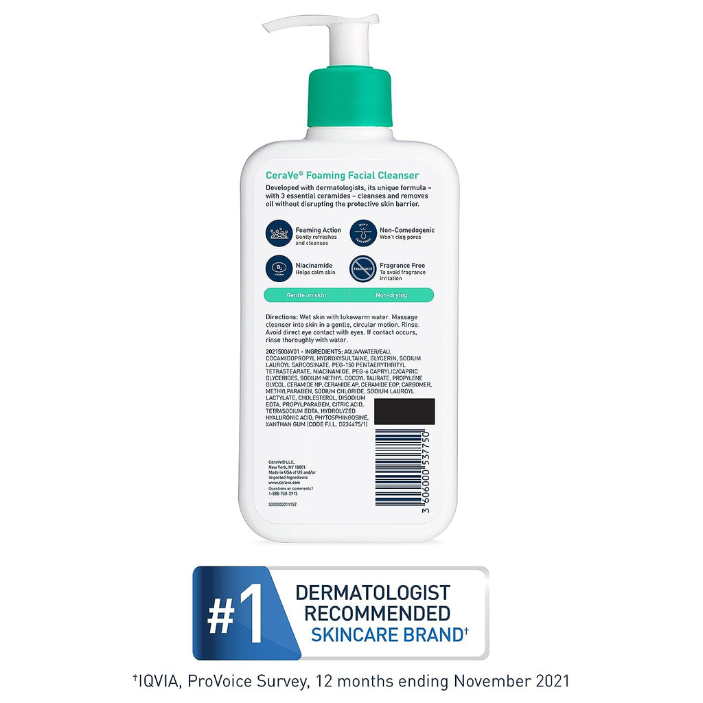 CeraVe Foaming Facial Cleanser | Daily Face Wash for Oily Skin with Hyaluronic Acid, Ceramides, and Niacinamide| Fragrance Free Paraben Free | 16 Fluid Ounce