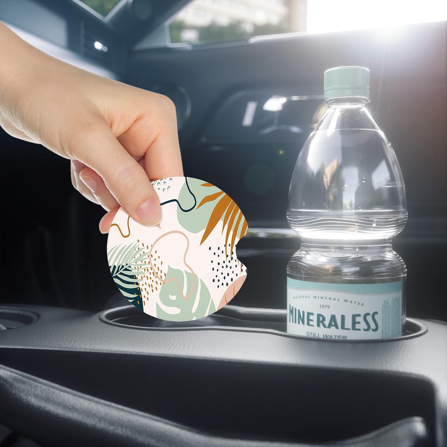 Nipichsha Car Cup Holder Coasters, Car Coasters for Cup Holders, 2 Pack Anti Slip Insert Coasters, Rubber Car Cup Mat with A Finger Notch, Cute Car Interior Accessories for Women Men(Boho Leaves)