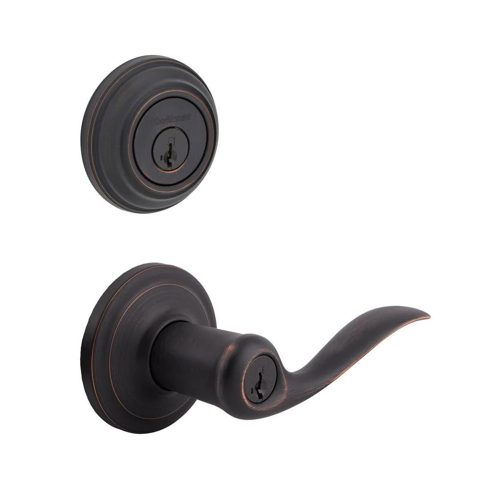 Tustin Venetian Bronze ExteriorEntry Door Lever and Single Cylinder Deadbolt Combo Pack Featuring SmartKey Security