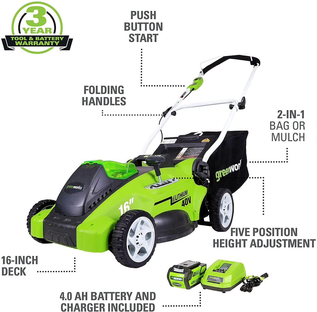 Greenworks 40V Push Lawn Mower, 16-Inch Electric Lawn Mower with 4.0Ah Battery and Charger Included
