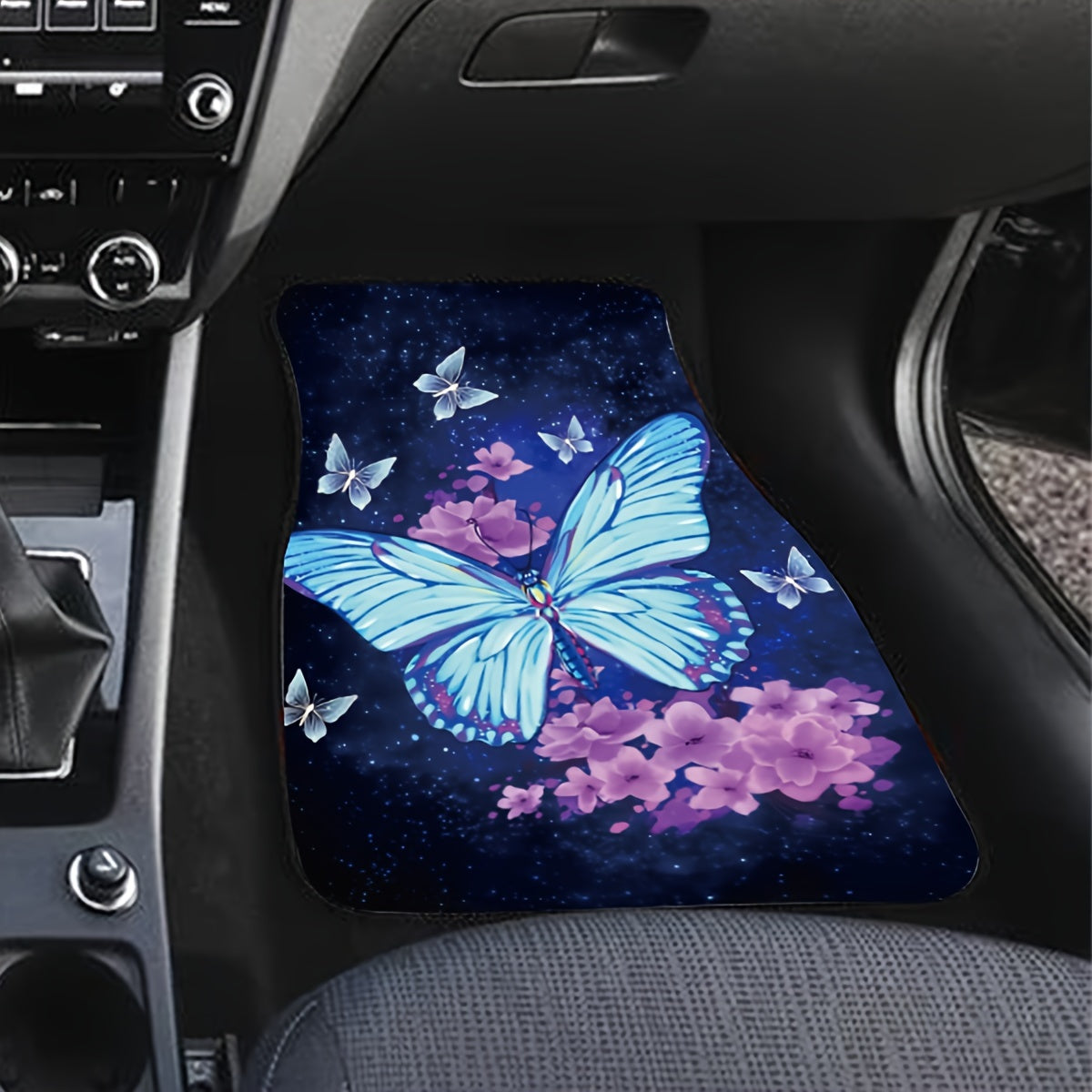 1Pc Car Seat Floor Mat, Blue Butterfly Print Car Front Rear Seat Floor Pads Auto Car Carpet Black Floor Mats Footpads For Car Decor Accessories
