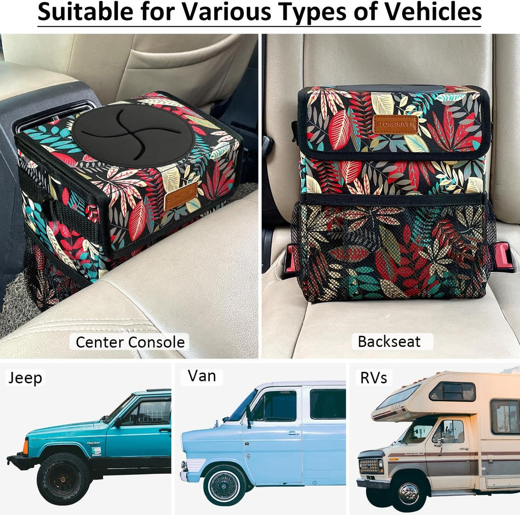 ELONGRIVER Car Trash Can Bin for Car Back Seat Leak Proof, Cute Car Trash Bag Hanging, Vehicle Trash Can for SUV Truck Van, Automotive Car Garbage Cans Front Seat Red Leaves