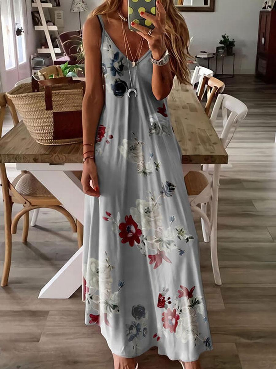 V-neck Floral Print Loose Maxi Dress