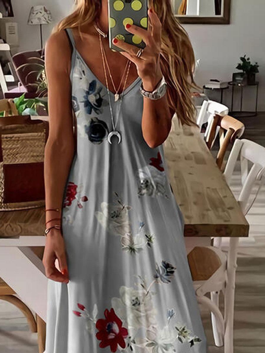 V-neck Floral Print Loose Maxi Dress