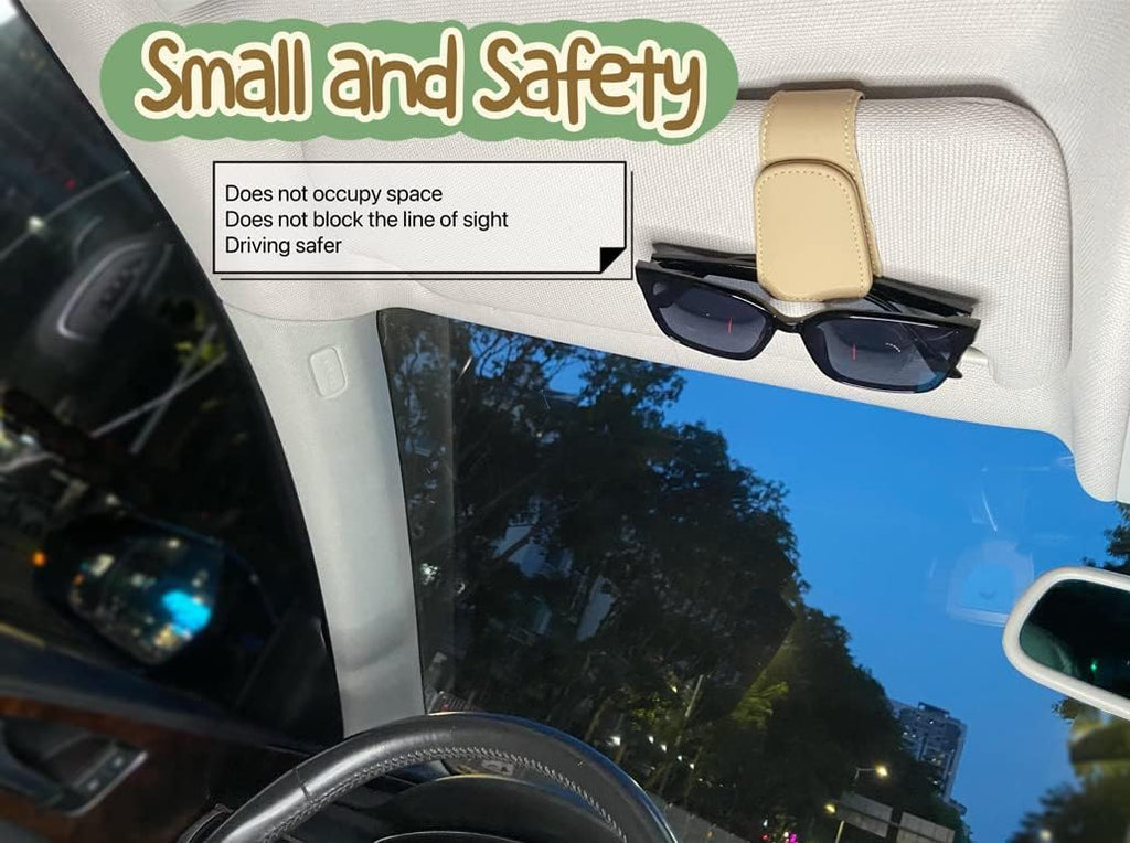 CHOSMOYI Magnetic Leather Sunglass Holder for Car, Sunglasses Clip for Car Visor, Auto Interior Accessories Universal for Different Size Eyeglasses (Beige)