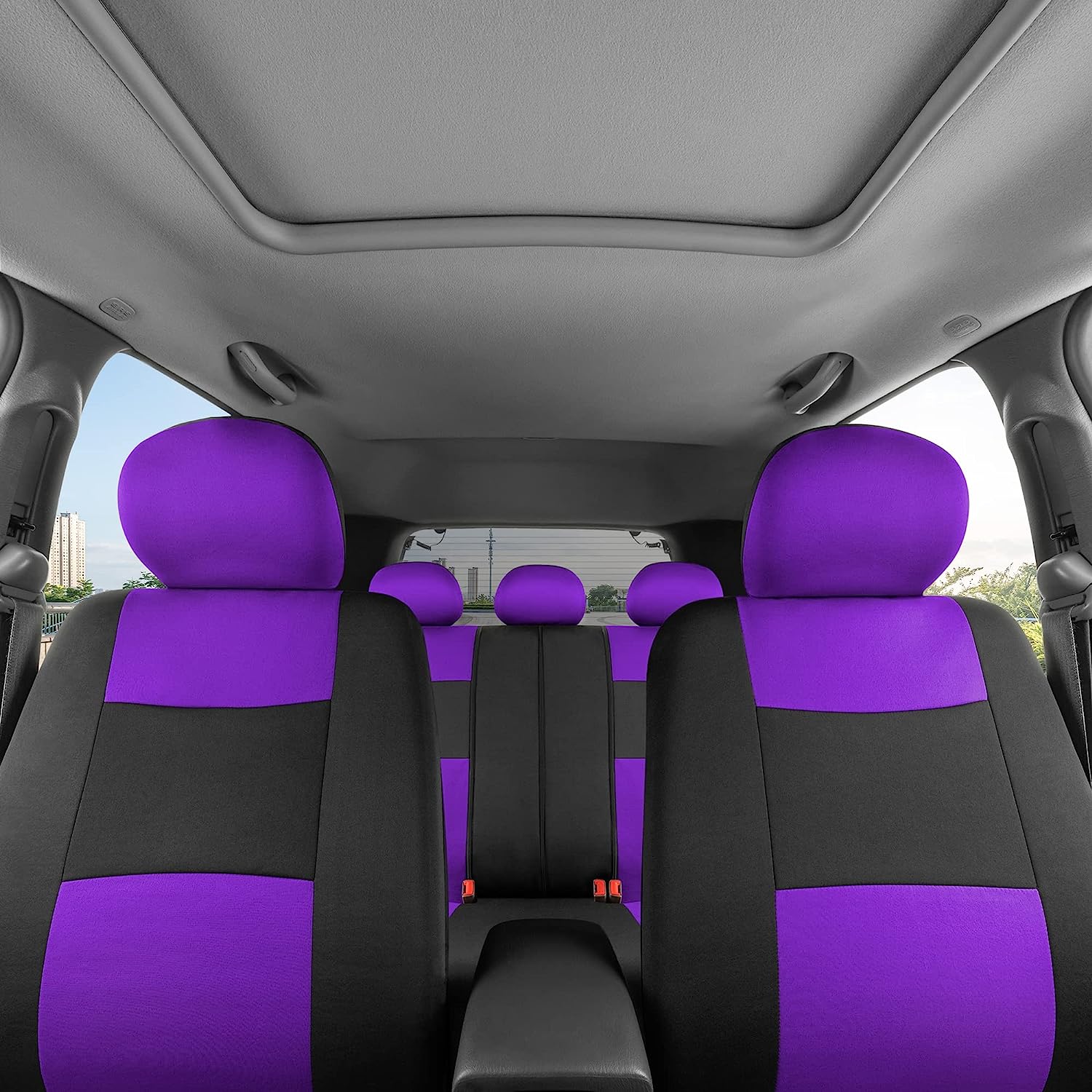 BDK PolyPro Car Seat Covers Full Set in Purple on Black – Front and Rear Split Bench Seat Covers for Cars, Easy to Install Car Seat Cover Set, Car Accessories for Auto Trucks Van SUV