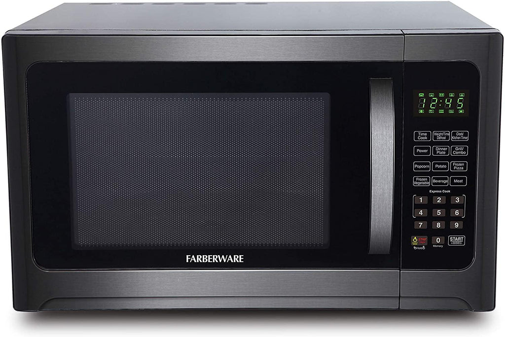 Farberware Black FMO12AHTBSG 1.2 Cu. Ft. 1100-Watt Microwave Oven with Grill, ECO Mode and Blue LED Lighting, Black  Steel (Renewed)