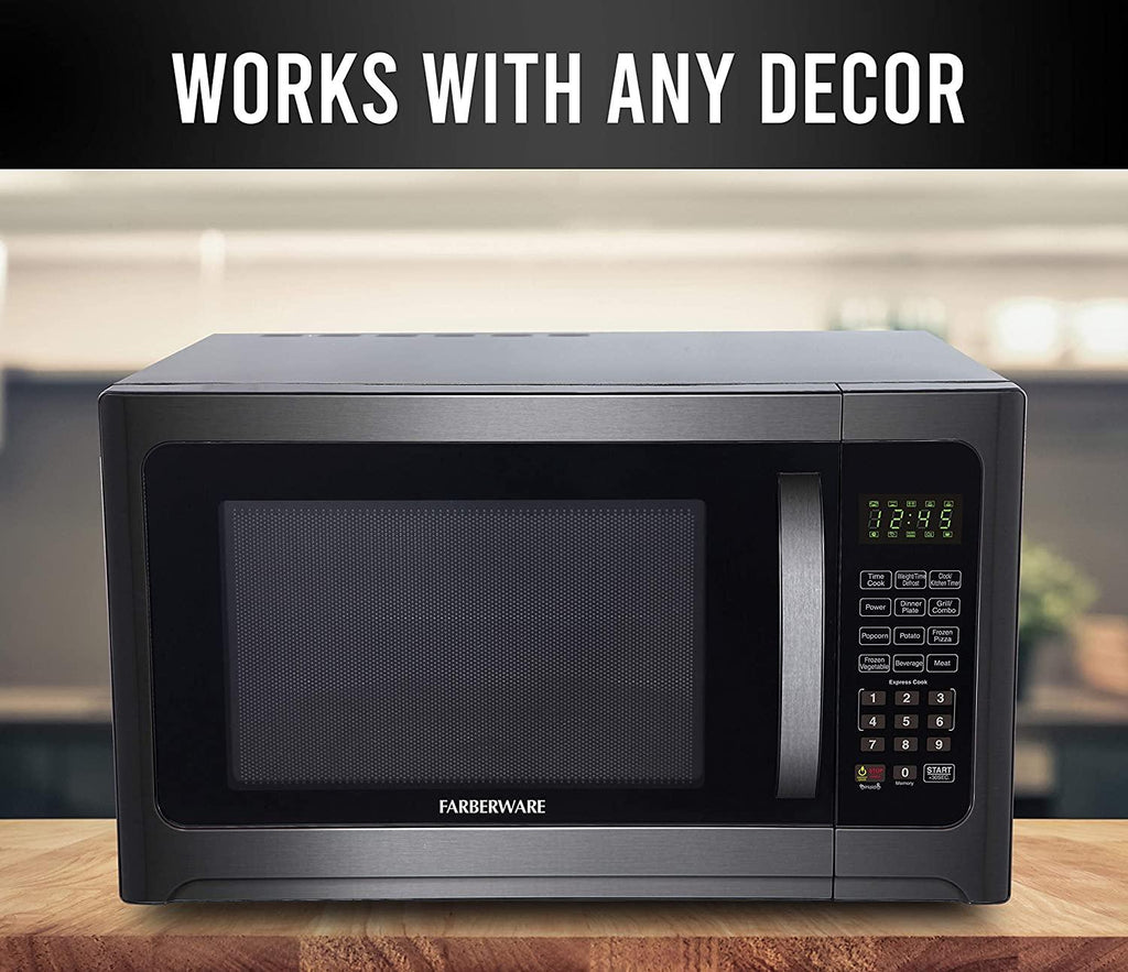 Farberware Black FMO12AHTBSG 1.2 Cu. Ft. 1100-Watt Microwave Oven with Grill, ECO Mode and Blue LED Lighting, Black  Steel (Renewed)