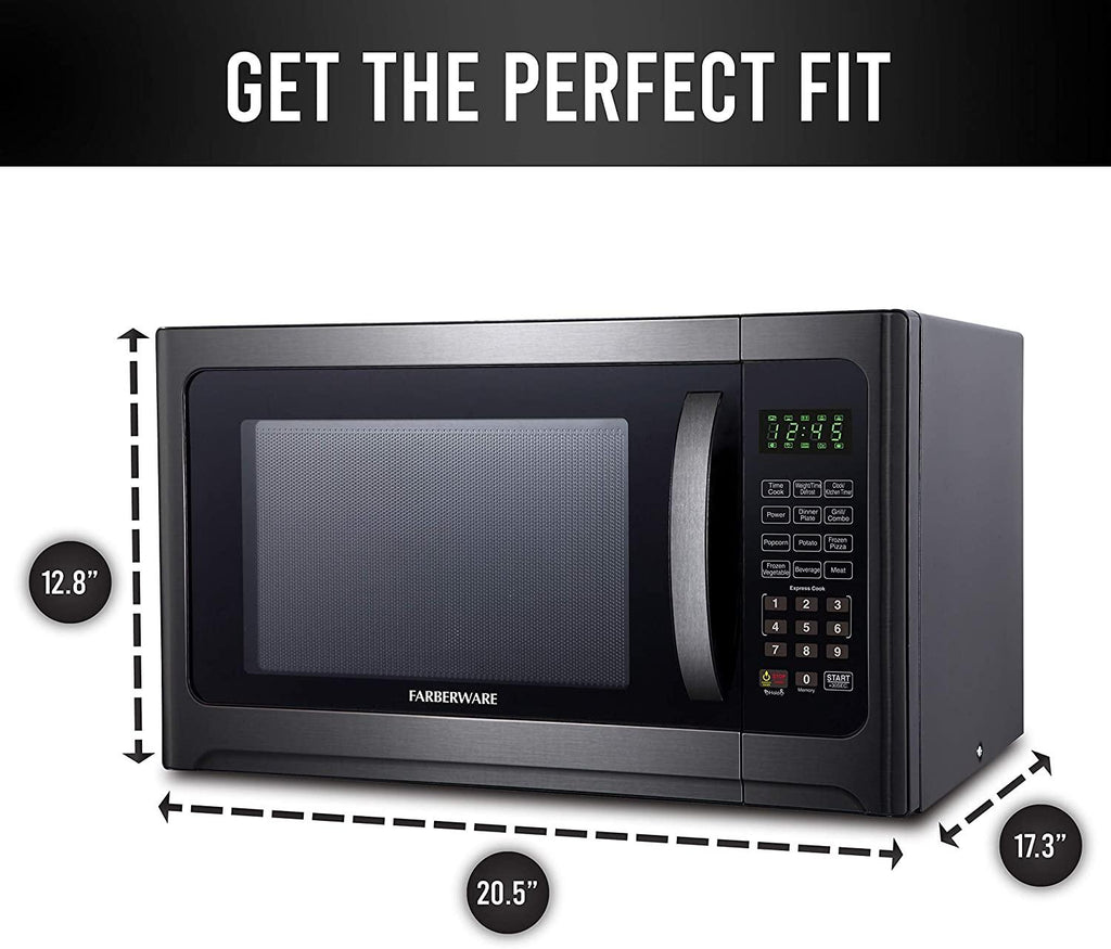 Farberware Black FMO12AHTBSG 1.2 Cu. Ft. 1100-Watt Microwave Oven with Grill, ECO Mode and Blue LED Lighting, Black  Steel (Renewed)