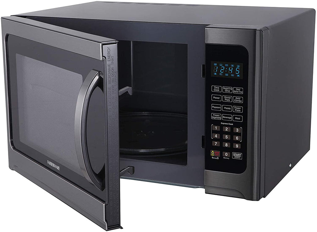 Farberware Black FMO12AHTBSG 1.2 Cu. Ft. 1100-Watt Microwave Oven with Grill, ECO Mode and Blue LED Lighting, Black  Steel (Renewed)