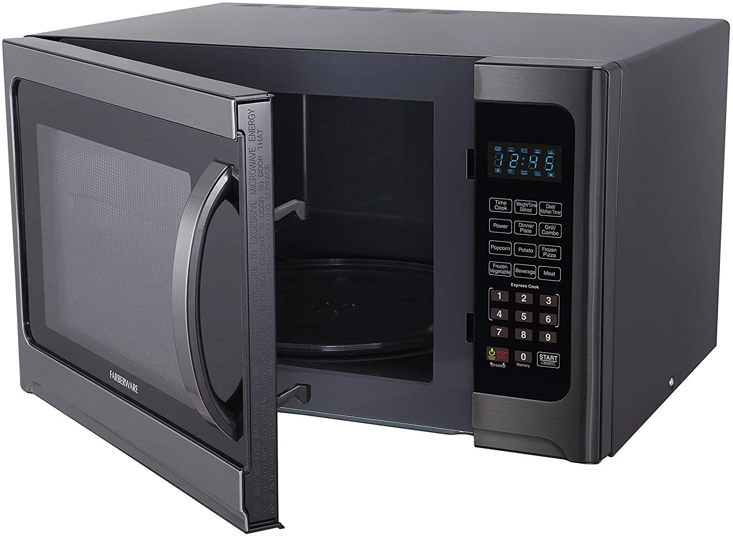 Farberware Black FMO12AHTBSG 1.2 Cu. Ft. 1100-Watt Microwave Oven with Grill, ECO Mode and Blue LED Lighting, Black  Steel (Renewed)