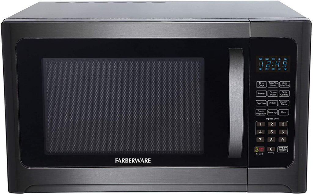 Farberware Black FMO12AHTBSG 1.2 Cu. Ft. 1100-Watt Microwave Oven with Grill, ECO Mode and Blue LED Lighting, Black  Steel (Renewed)
