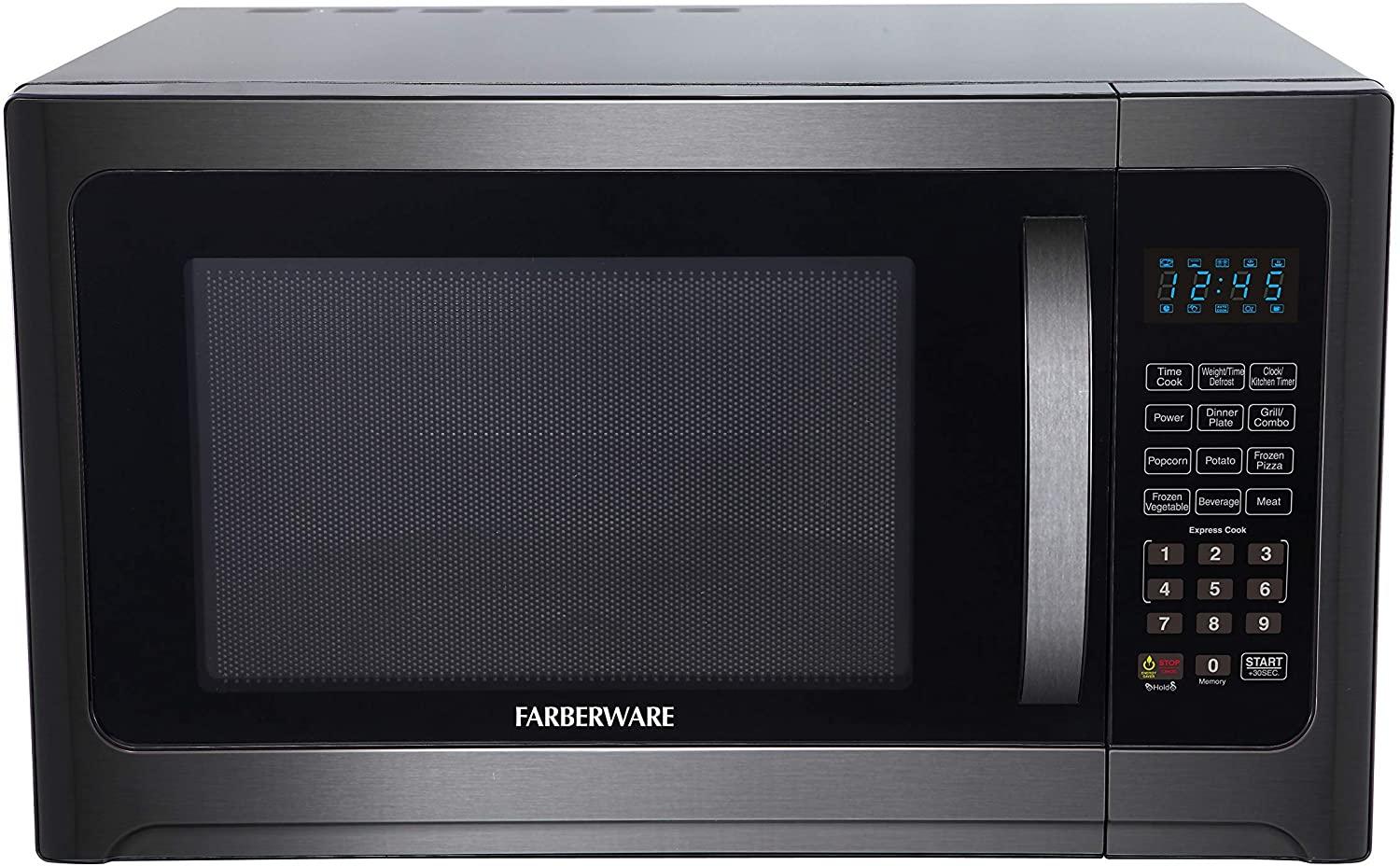 Farberware Black FMO12AHTBSG 1.2 Cu. Ft. 1100-Watt Microwave Oven with Grill, ECO Mode and Blue LED Lighting, Black  Steel (Renewed)