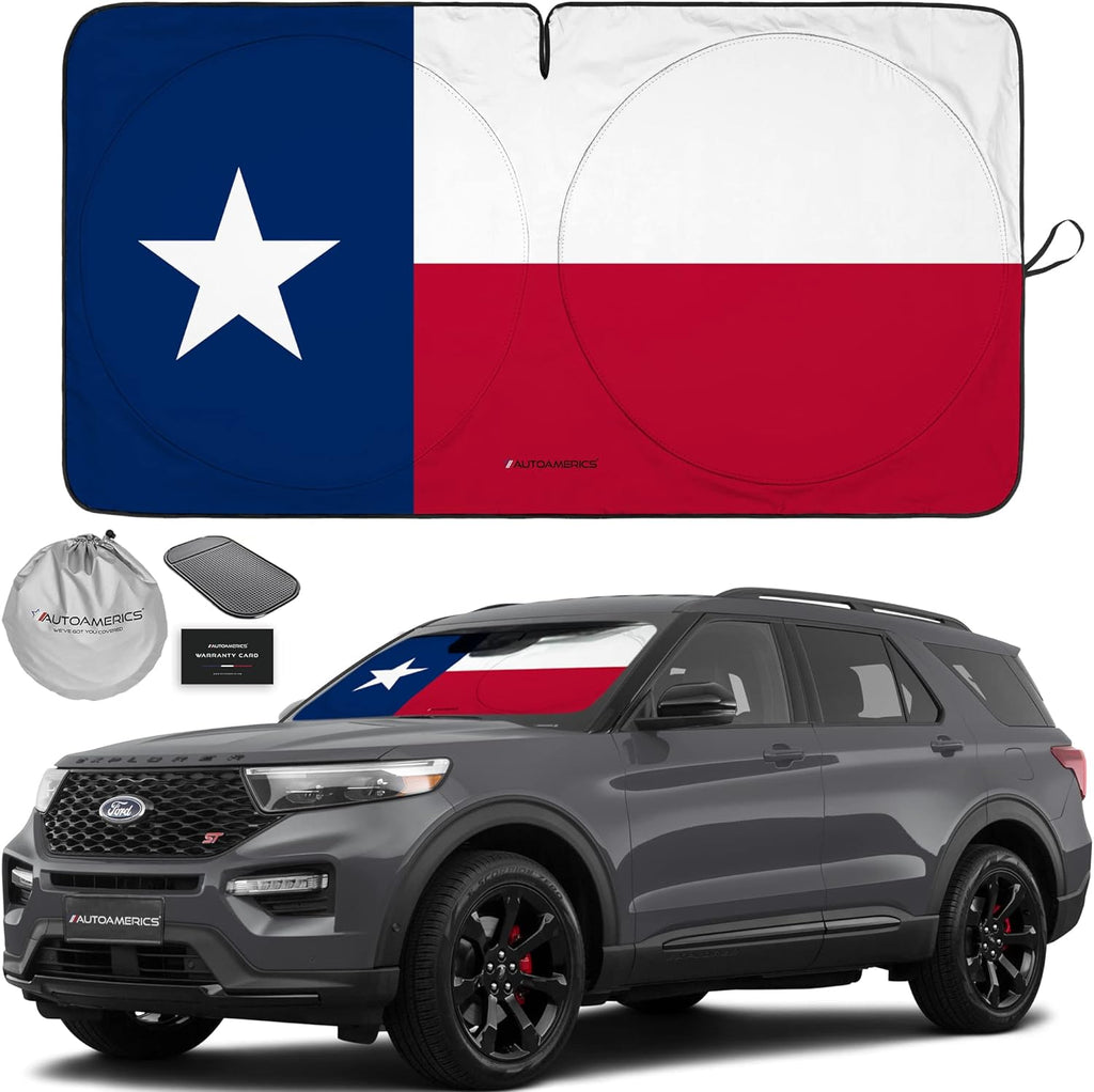 Autoamerics 1-Piece Windshield Sun Shade American Texas Flag USA Patriotic  - Foldable Car Front Window Sunshade for Sedans SUV Truck - Blocks Max UV Rays and Keeps Your Vehicle Cool - Medium