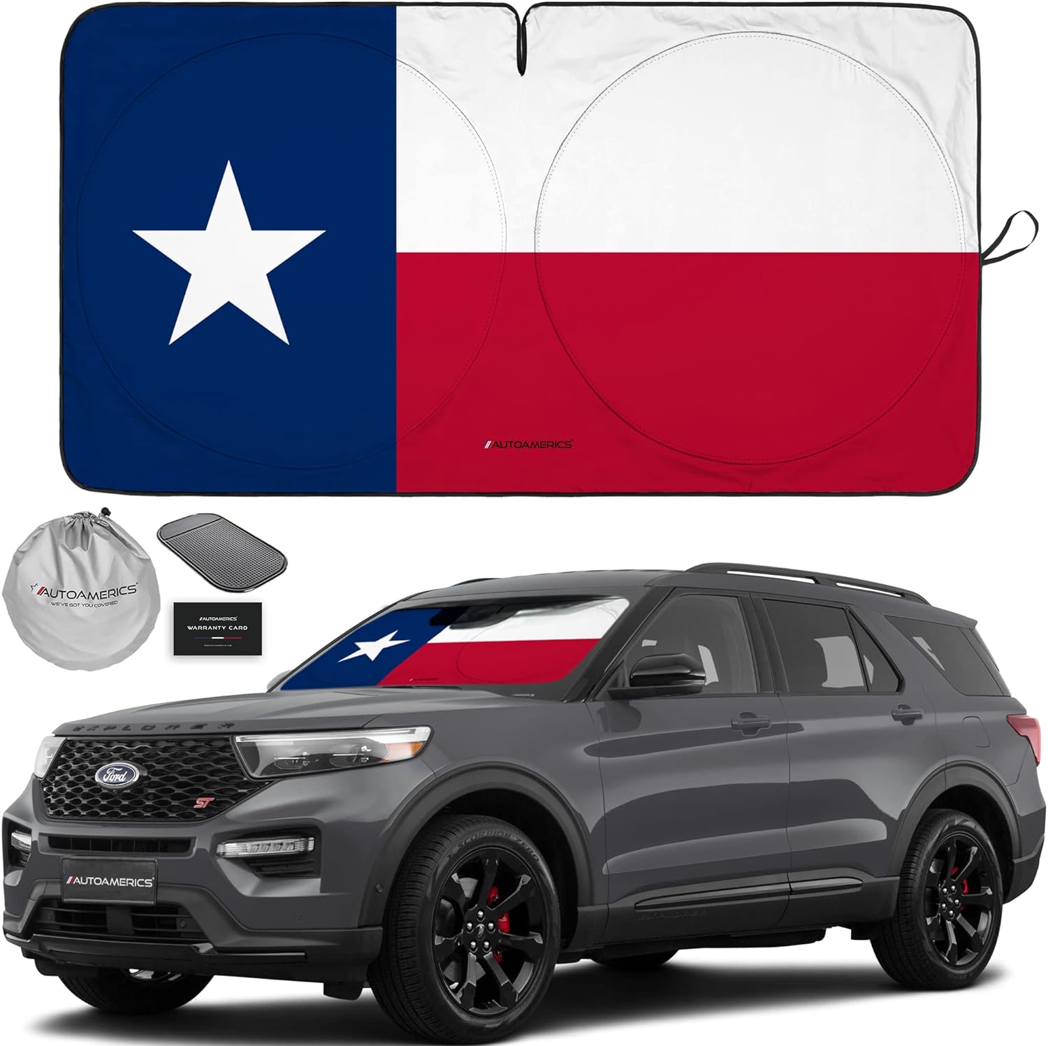 Autoamerics 1-Piece Windshield Sun Shade American Texas Flag USA Patriotic  - Foldable Car Front Window Sunshade for Sedans SUV Truck - Blocks Max UV Rays and Keeps Your Vehicle Cool - Medium