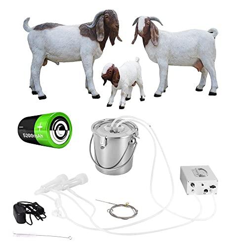 MAPOTAD 7L Goat Electric MilMachine, Automatic Rechargeable Battery Powered Pulsation Vacuum Pump with 2 Teat Cups  Steel Bucket for Goat(Battery Model)