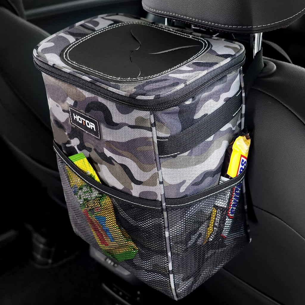 HOTOR Car Trash Can, Multifunctional Car Accessory for Interior Car Stuff Storage with Compact Design, Waterproof Car Organizer and Storage with Adjustable Straps, Magnetic Snaps (Camouflage Grey)