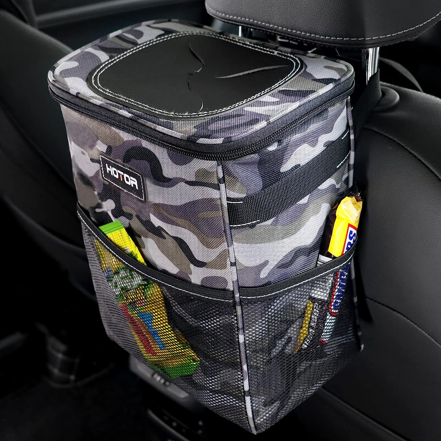HOTOR Car Trash Can, Multifunctional Car Accessory for Interior Car Stuff Storage with Compact Design, Waterproof Car Organizer and Storage with Adjustable Straps, Magnetic Snaps (Camouflage Grey)
