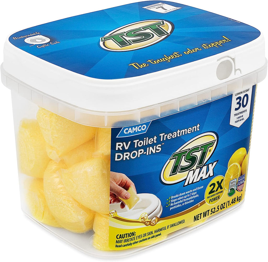Camco TST MAX RV Toilet Treatment Drop-INs | Control Unwanted Odors and Break Down Waste and Tissue | Septic Tank Safe | Lemon Scent | 30-pack (41577)