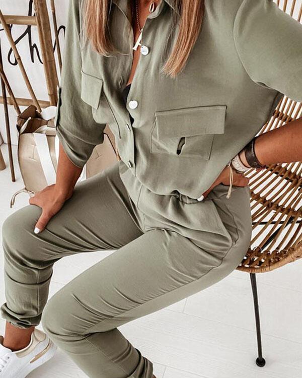shirt collar half-sleeved single-breasted pockets cargo jumpsuit