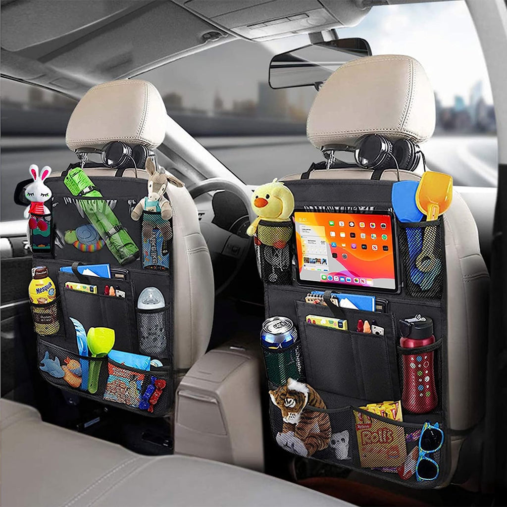 JUCAINHI Car Storage Organizer 2 PCS,Car Backseat Organizer for Kids Durable Waterproof Oxford Fabric with Touchable Tablet Holder 8 Mesh Pockets and 2 Pockets for Snacks Toys,Car Travel Accessories