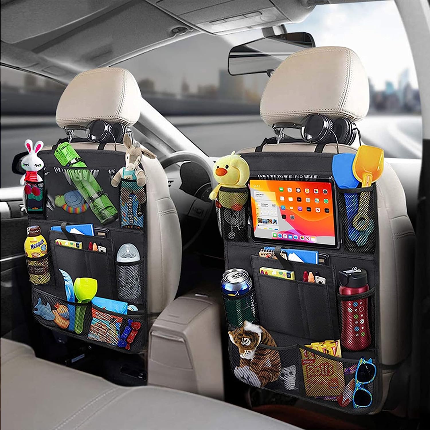 JUCAINHI Car Storage Organizer 2 PCS,Car Backseat Organizer for Kids Durable Waterproof Oxford Fabric with Touchable Tablet Holder 8 Mesh Pockets and 2 Pockets for Snacks Toys,Car Travel Accessories