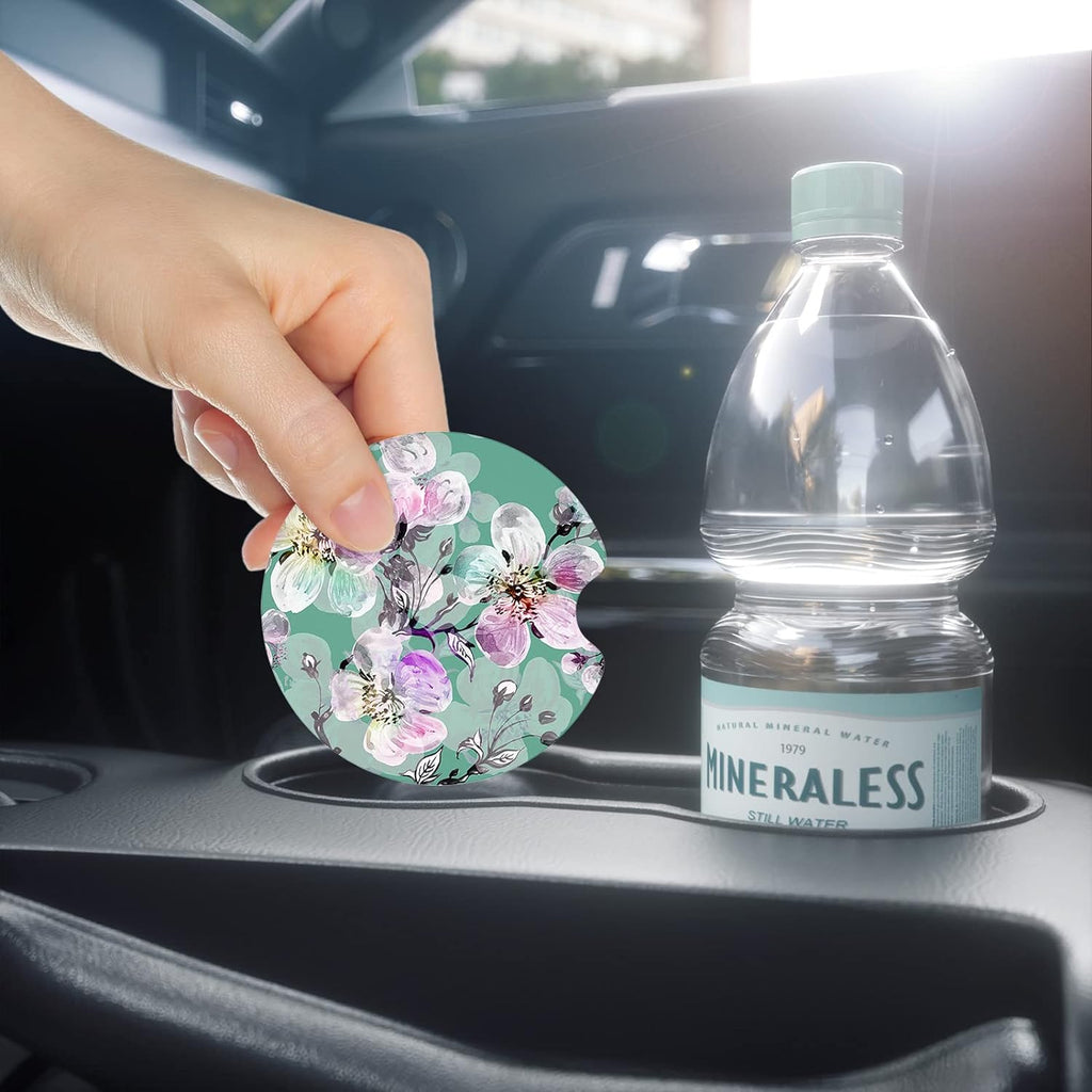 Nipichsha Car Cup Holder Coasters, Car Coasters for Cup Holders, 2 Pack Anti Slip Insert Coasters, Rubber Car Cup Mat with A Finger Notch, Cute Car Interior Accessories for Women Men(Plum Flower)