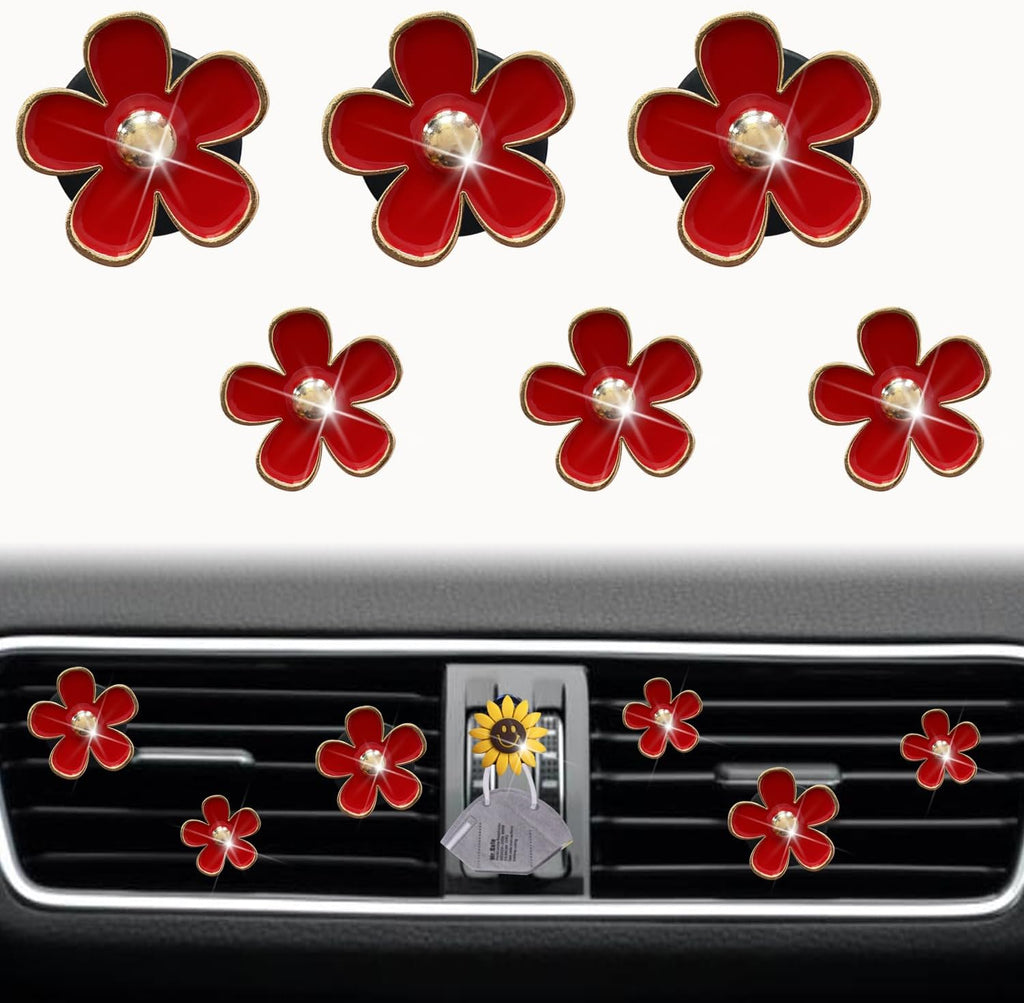 6 Pcs Daisy Air Vent Clips, Cute Flower Air Conditioning Outlet Clip Car Air Fresheners Vent Clips Car Interior Decor Charm Car Decoration Cute Car Accessories for Women Girls + Mask Hook (Red)