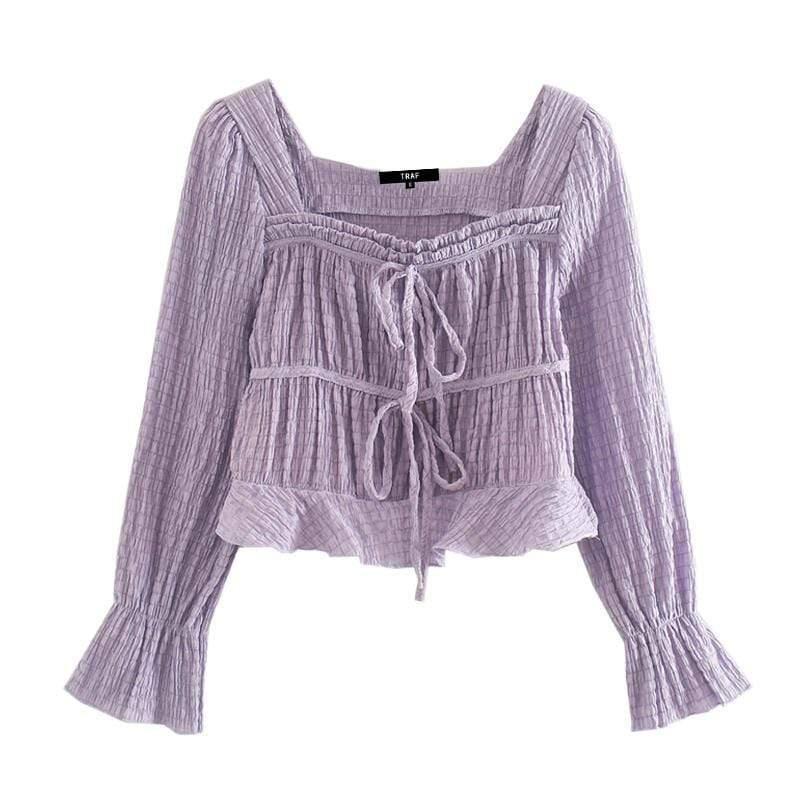 lace-up ruffle cropped blouse